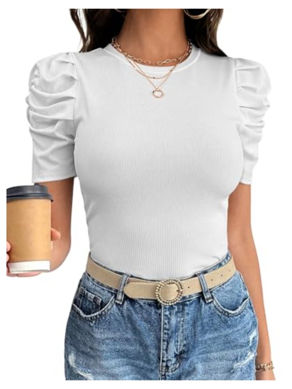 Puff Short Sleeve Crewneck Ribbed Knit Slim Fit Top